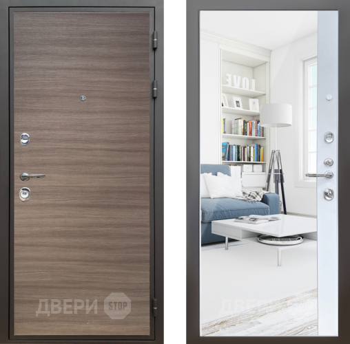 Входная металлическая Дверь Шелтер (SHELTER) Комфорт Дуб тоскано поперечный 14 с зеркалом Белый матовый в Дубне