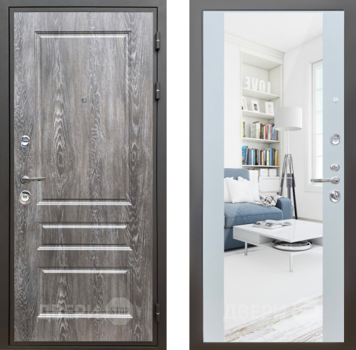 Входная металлическая Дверь Шелтер (SHELTER) Комфорт Дуб шале серебро 13 с зеркалом Белый матовый в Дубне