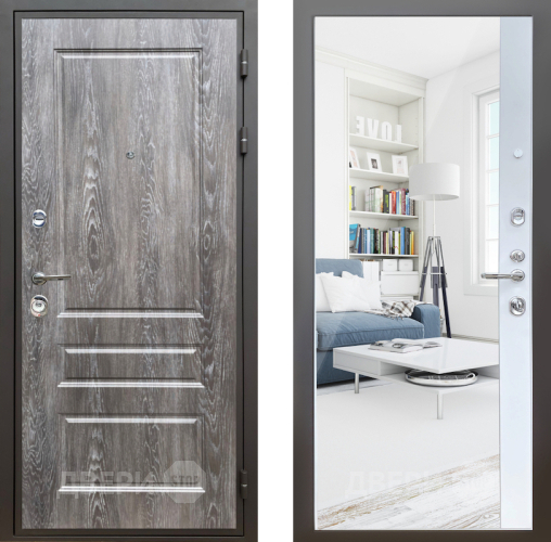 Входная металлическая Дверь Шелтер (SHELTER) Комфорт Дуб шале серебро 14 с зеркалом Белый матовый в Дубне