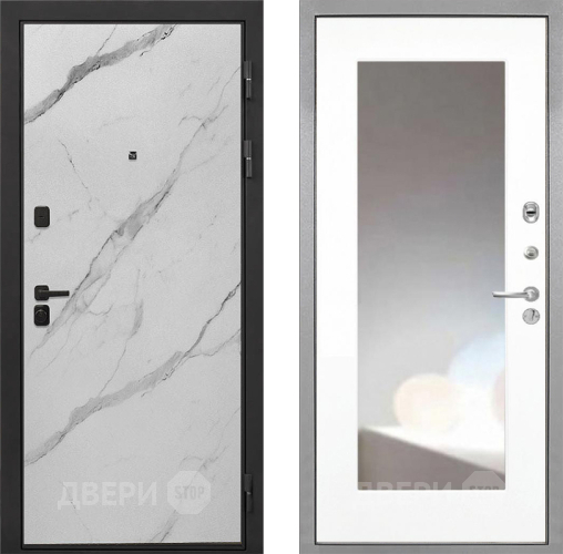 Входная металлическая Дверь Интекрон (INTECRON) Профит Black Мрамор Арктик ФЛЗ-120-М Зеркало Белый матовый в Дубне